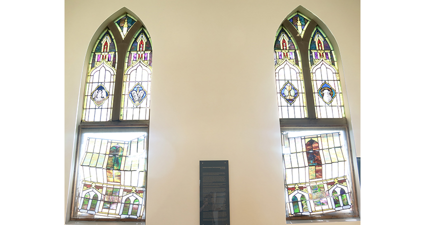 Broken stained glass windows at the Keystone Church of Hazelwood