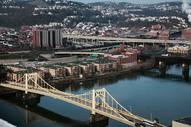 Image of the North Shore taken from Downtown, with the Allegheny River and the bridges in the foreground.