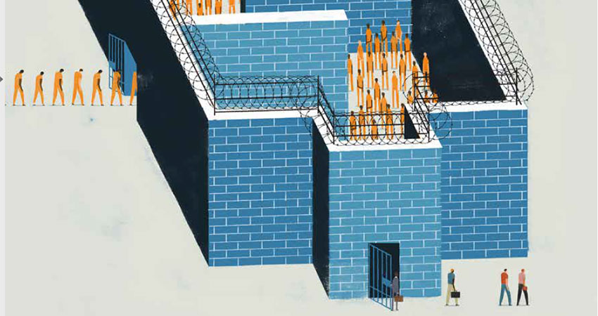 Illustration of many men entering a prison, but few leaving.
