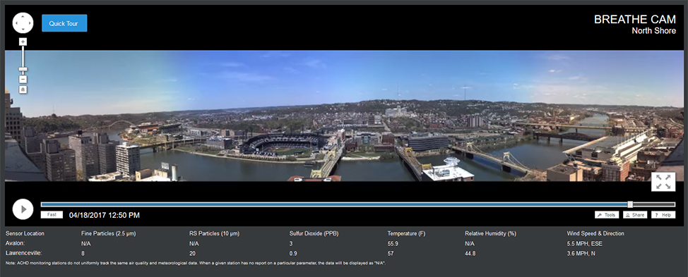 Learn more about the air you breathe by viewing Breathe Cam’s high-resolution panoramas of the Pittsburgh region. This image shows the view of the North Shore, one of the four cameras available on BreatheProject.org.