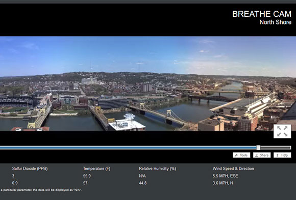 Learn more about the air you breathe by viewing Breathe Cam’s high-resolution panoramas of the Pittsburgh region. This image shows the view of the North Shore, one of the four cameras available on BreatheProject.org.