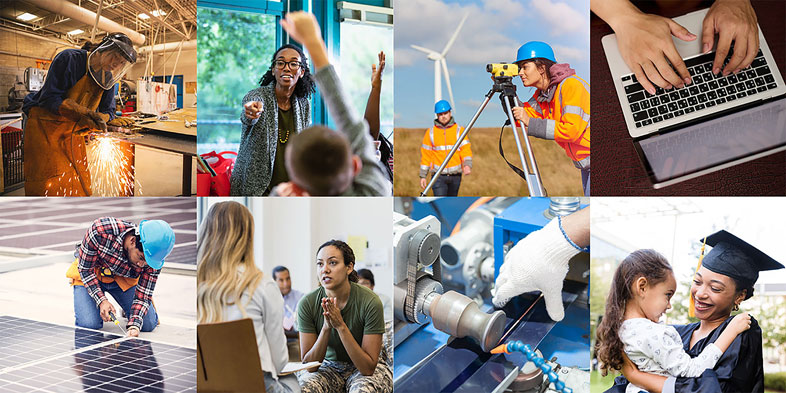 A collage of images of people working in different types of jobs.