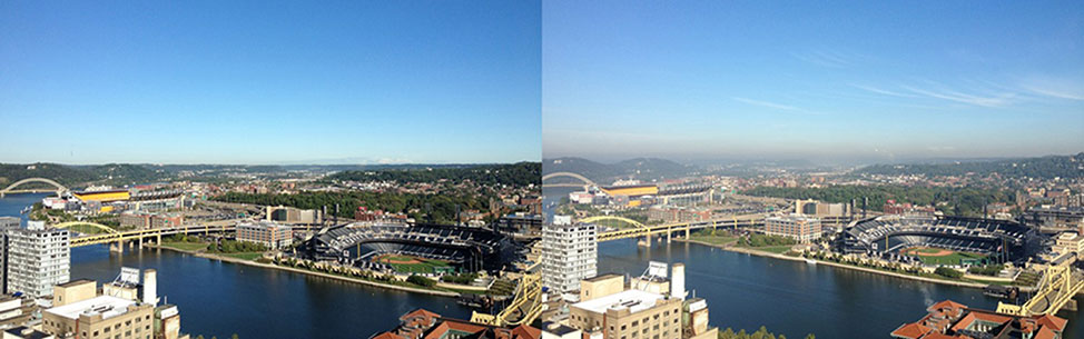 View from downtown looking toward the North Shore, showing the difference between a clean air day (image on the left) and a bad air day (image on the right). You can easily see the pollution on the horizon.