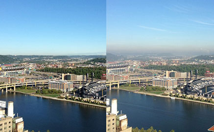 View from downtown looking toward the North Shore, showing the difference between a clean air day (image on the left) and a bad air day (image on the right). You can easily see the pollution on the horizon.