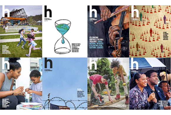 Covers of eight issues of h magazine.