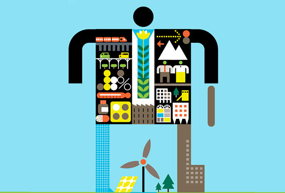 Illustration of a man, by Peter Grundini, showing environmental, housing, transportation and medical icons inside the body to represent the initiatives of the Inflation Reduction Act.
