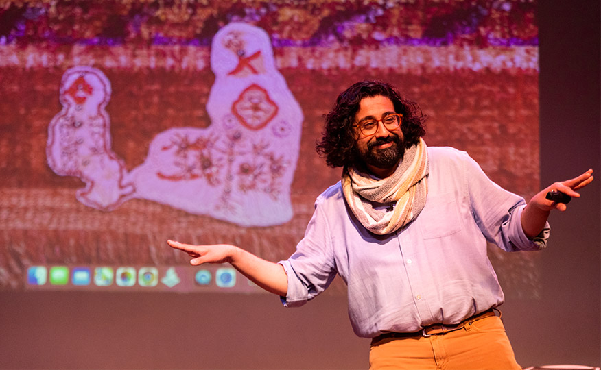 Playwright/director/performer Adil Mansoor in Amm(i)gone, commissioned and developed in partnership with Kelly Strayhorn Theater; credit: Curtis Brown.