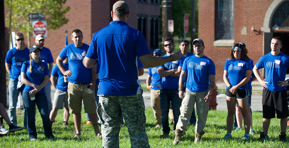 Veterans from The Mission Continues getting their orders in the morning at the National Day of Service in Homewood.