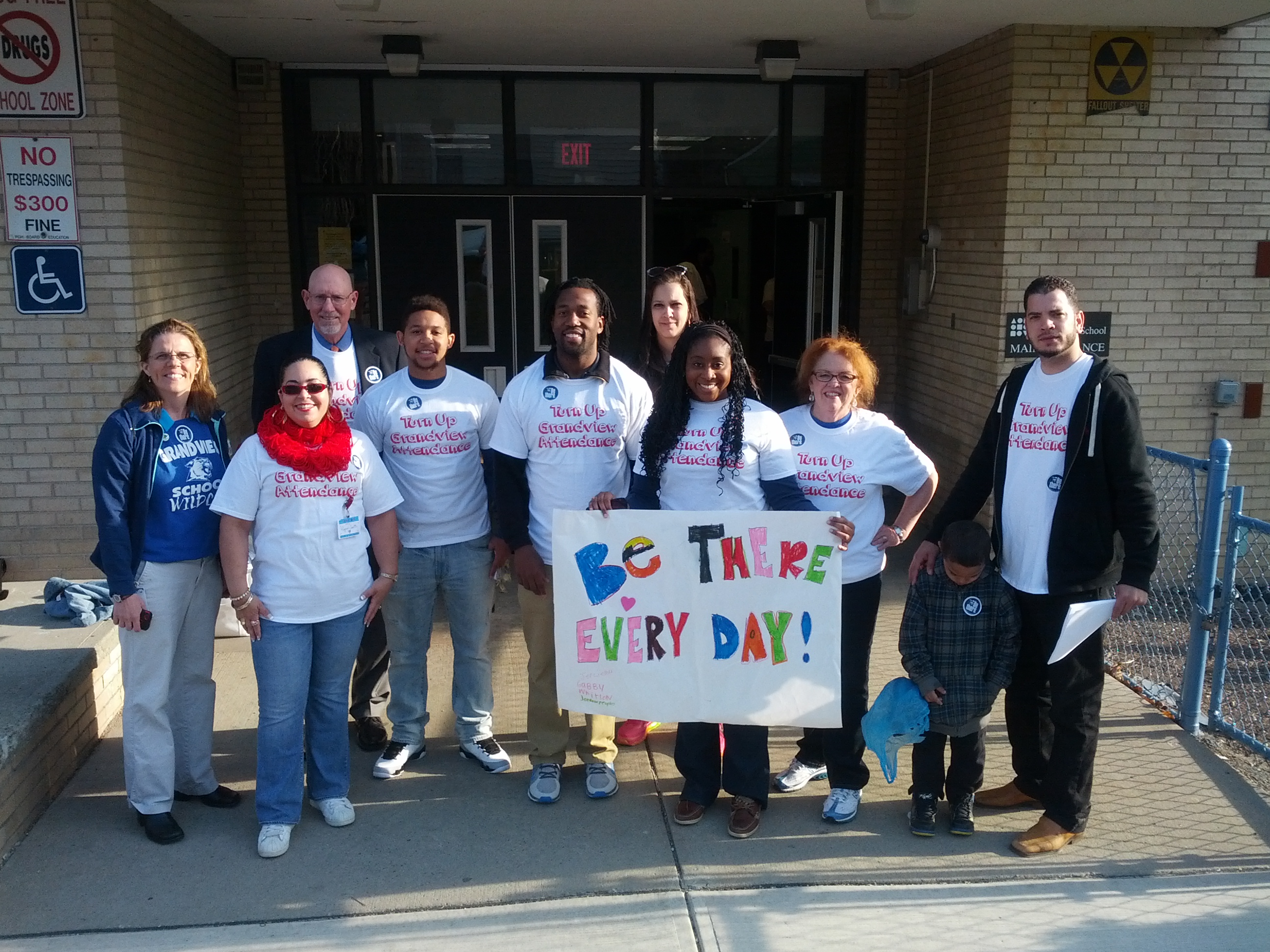The Grandview "Be There" team after welcoming students into the building Friday, April 25.