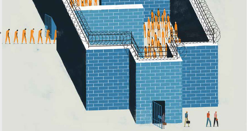 Illustration of many men entering a prison, but few leaving.